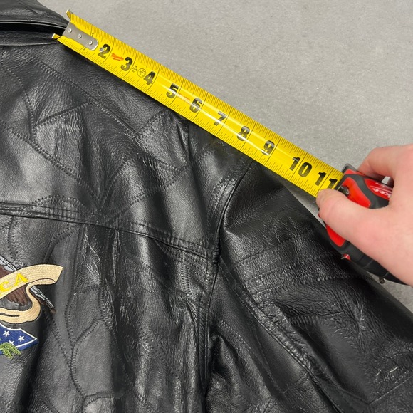 Vintage Mens Black Patchwork Leather Bomber Jacket God Bless America Eagle Large - Picture 12 of 12